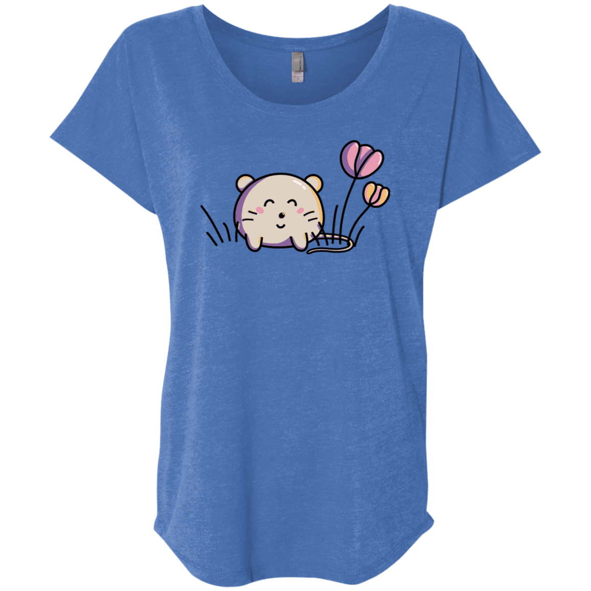 T-Shirts Vintage Royal / X-Small Kawaii Mouse and Tulips Triblend Dolman Sleeve