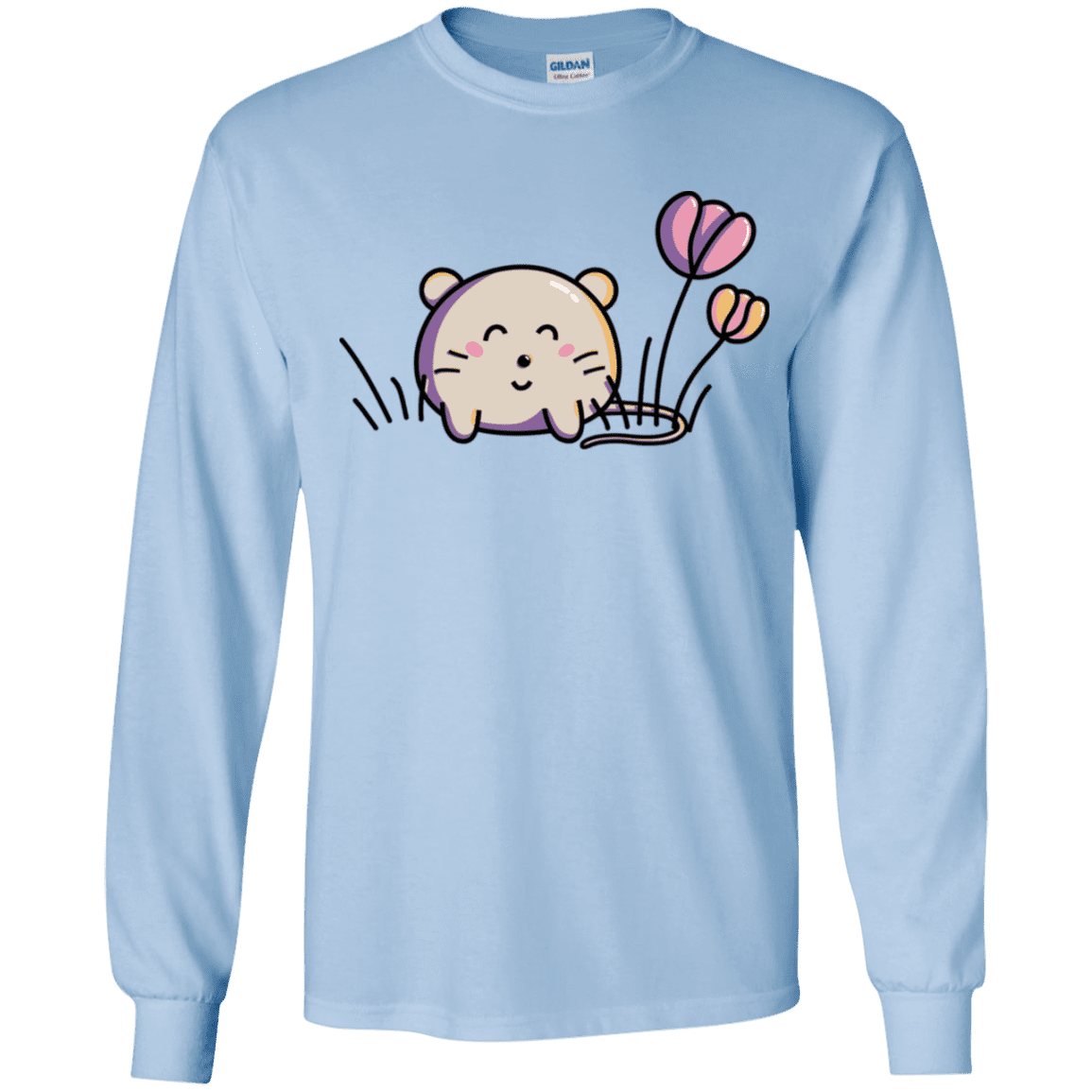 T-Shirts Light Blue / YS Kawaii Mouse and Tulips Youth Long Sleeve T-Shirt