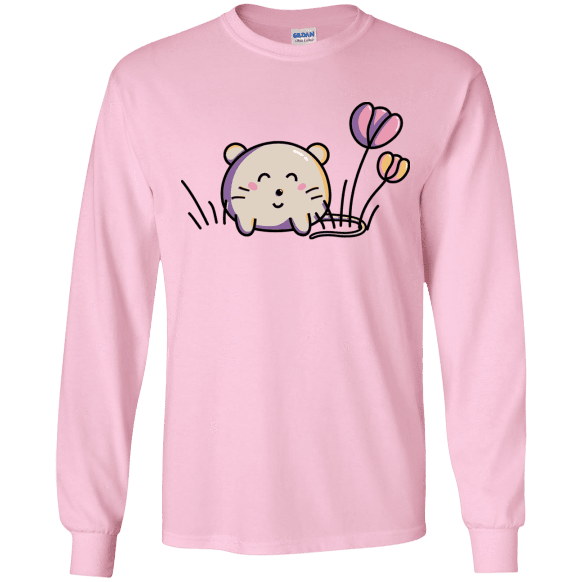 T-Shirts Light Pink / YS Kawaii Mouse and Tulips Youth Long Sleeve T-Shirt