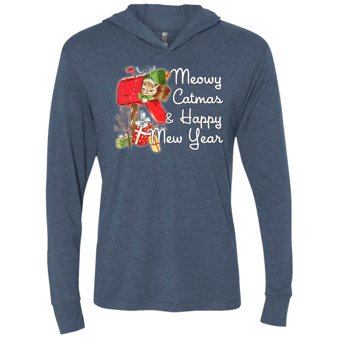 T-Shirts Indigo / X-Small Meowy Catmas Triblend Long Sleeve Hoodie Tee