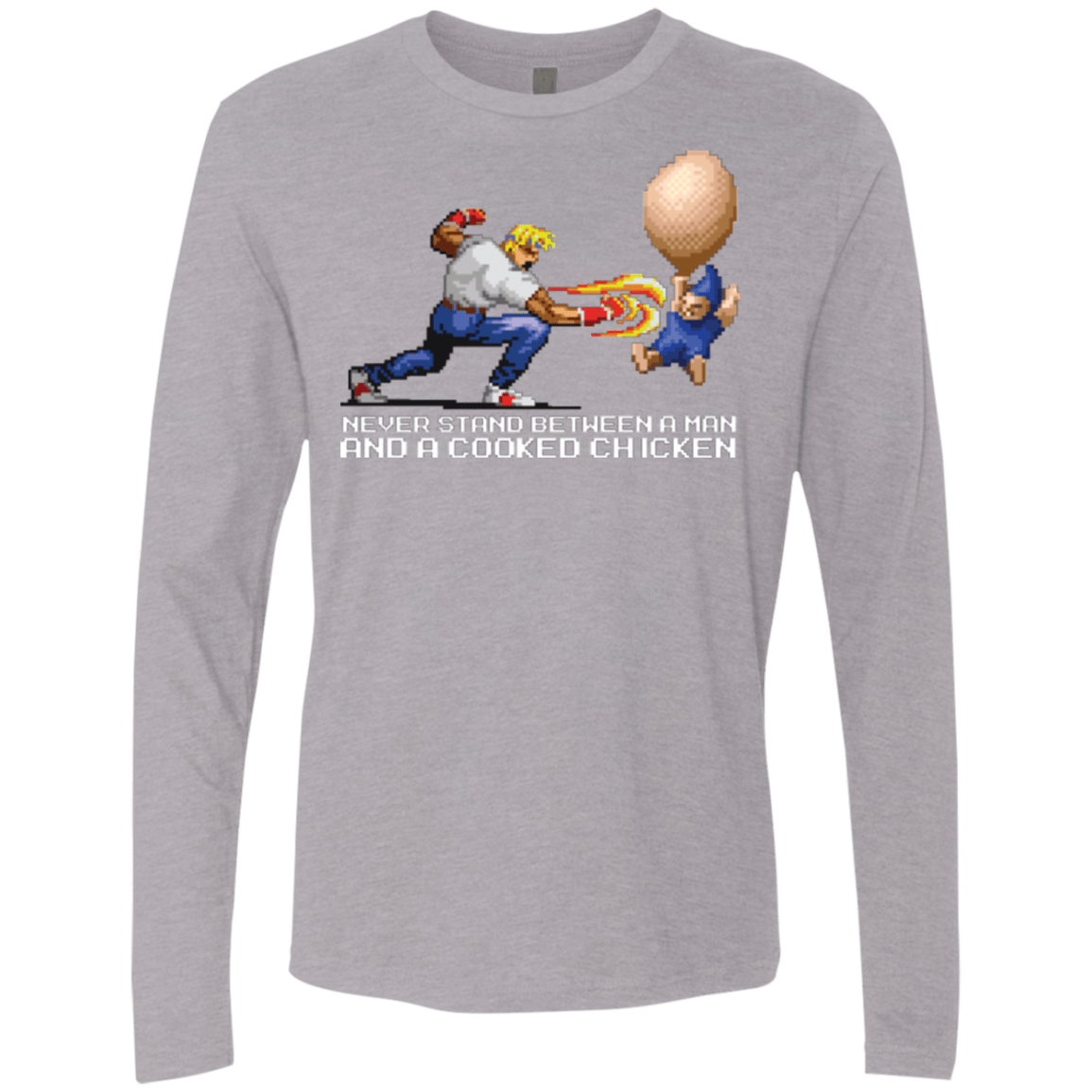 T-Shirts Heather Grey / Small Never Stand Between A Man And A Cooked Chicken Men's Premium Long Sleeve