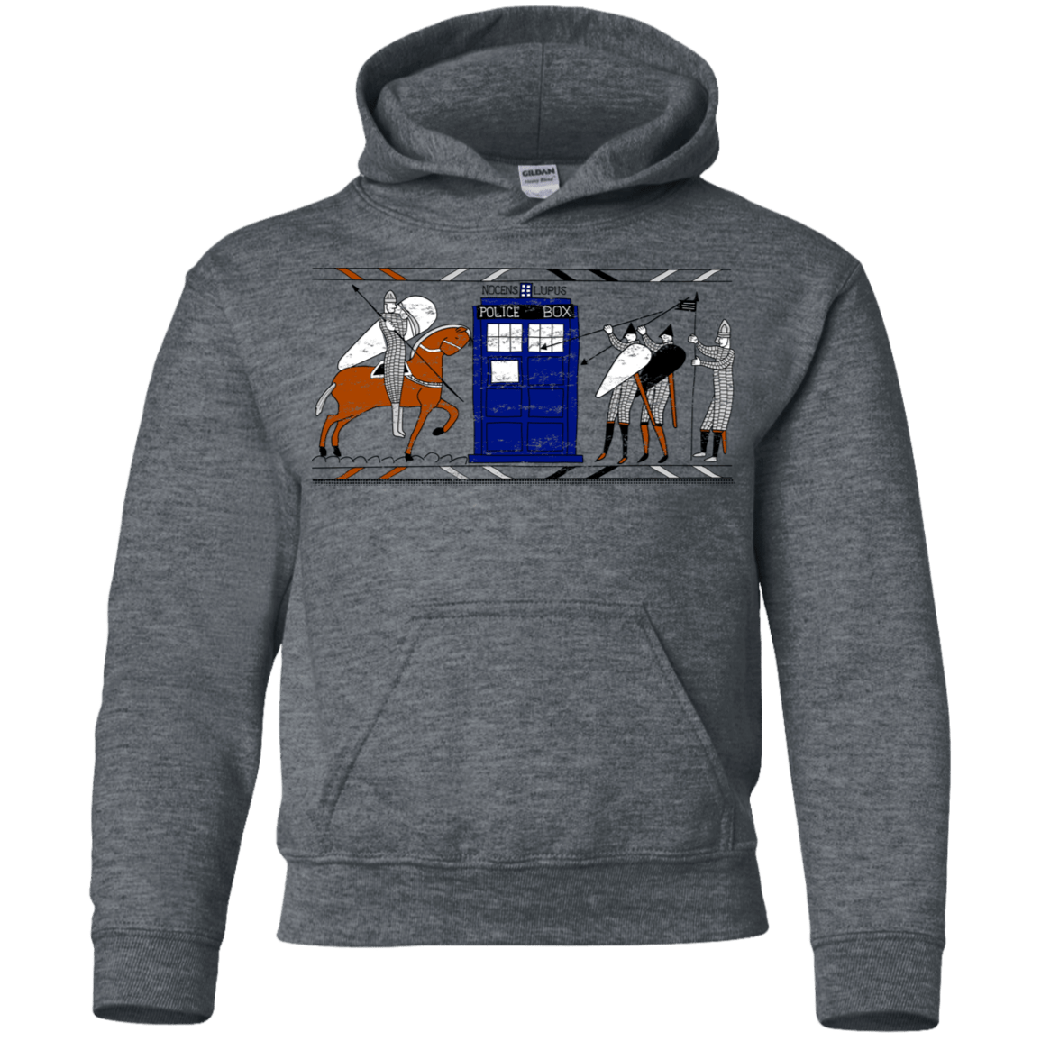 Sweatshirts Dark Heather / YS Nocens Lupus Tardis in the Bayeux Tapestry Youth Hoodie