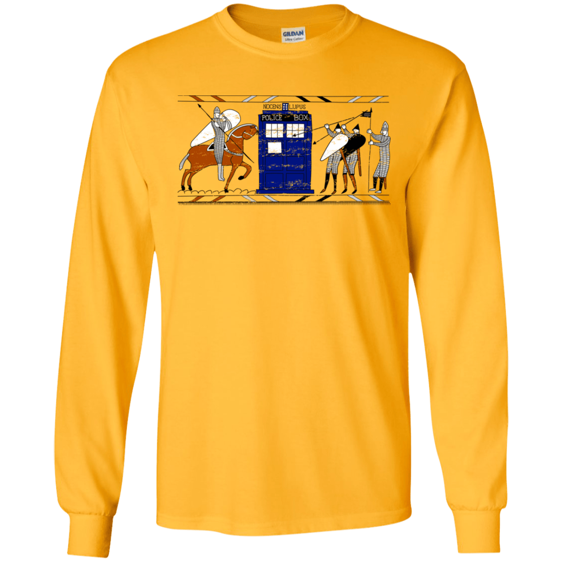 T-Shirts Gold / S Nocens Lupus Tardis in the Bayeux Tapestry Men's Long Sleeve T-Shirt