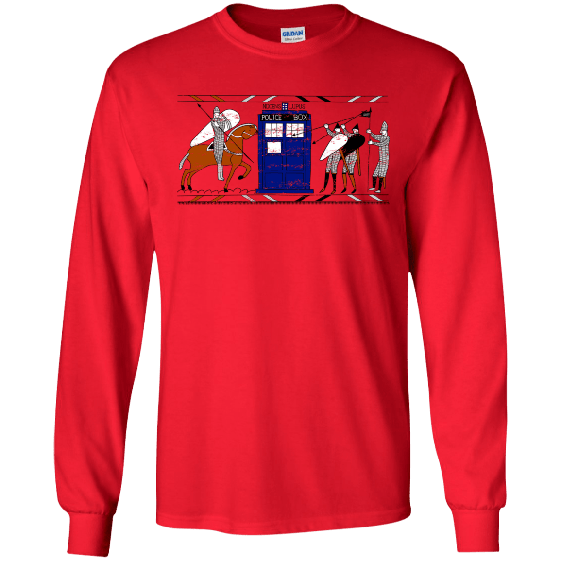 T-Shirts Red / S Nocens Lupus Tardis in the Bayeux Tapestry Men's Long Sleeve T-Shirt