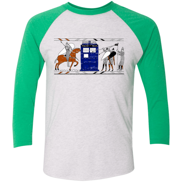 T-Shirts Heather White/Envy / X-Small Nocens Lupus Tardis in the Bayeux Tapestry Men's Triblend 3/4 Sleeve