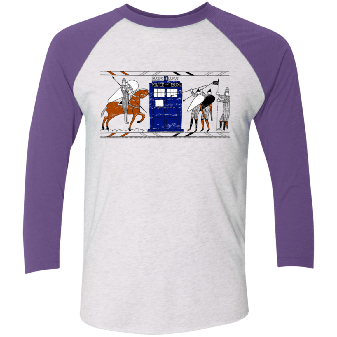 T-Shirts Heather White/Purple Rush / X-Small Nocens Lupus Tardis in the Bayeux Tapestry Men's Triblend 3/4 Sleeve