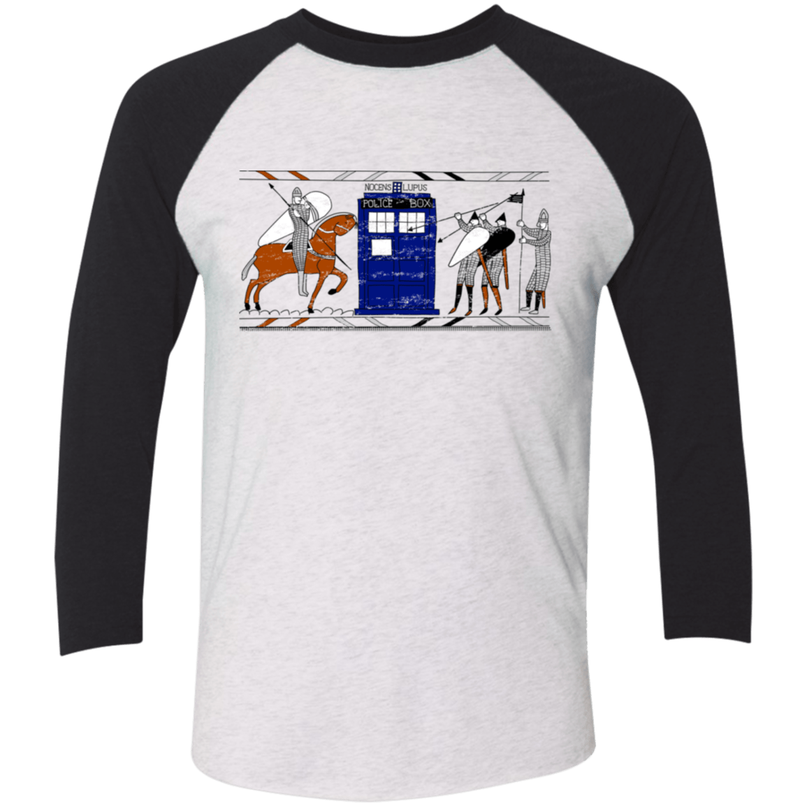T-Shirts Heather White/Vintage Black / X-Small Nocens Lupus Tardis in the Bayeux Tapestry Men's Triblend 3/4 Sleeve
