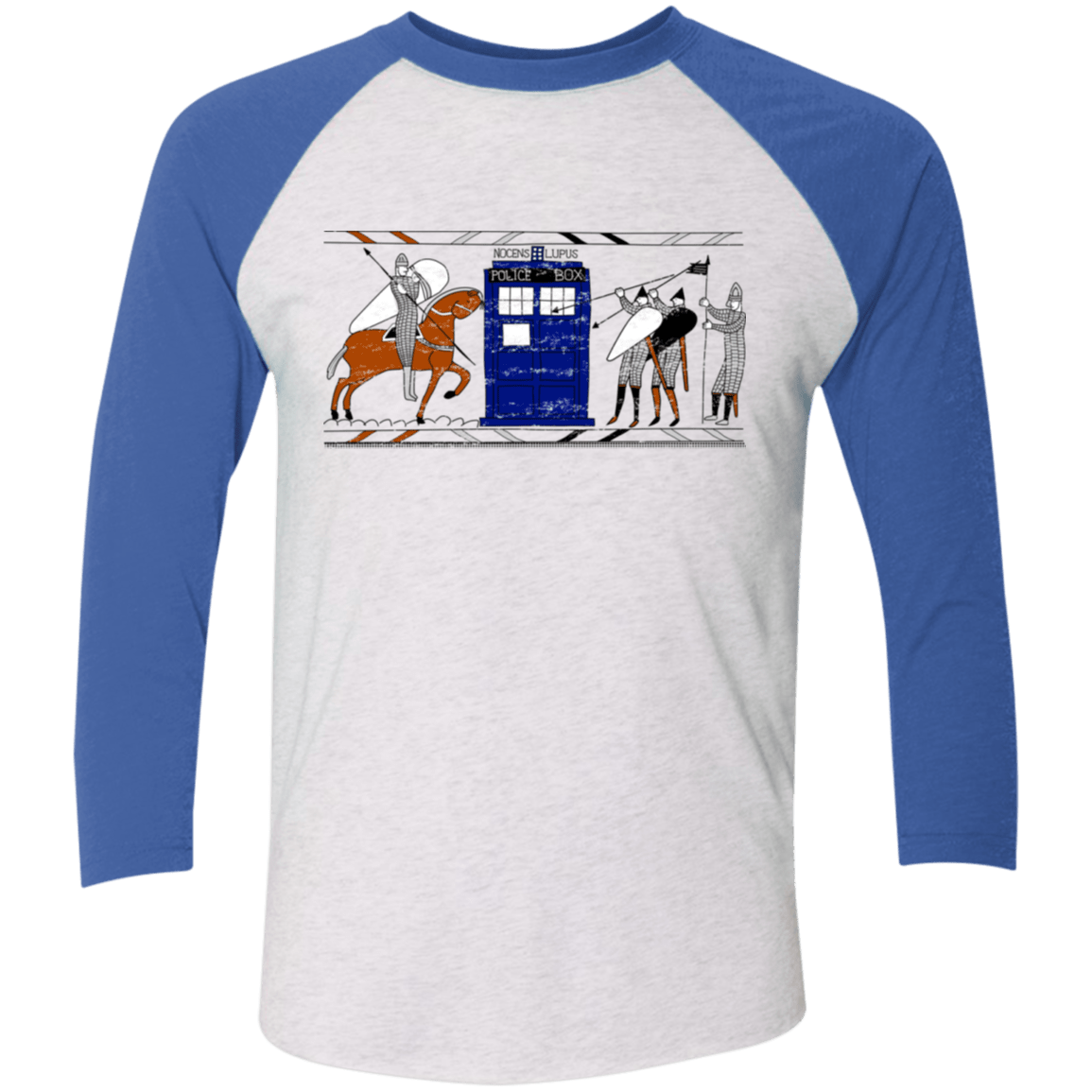 T-Shirts Heather White/Vintage Royal / X-Small Nocens Lupus Tardis in the Bayeux Tapestry Men's Triblend 3/4 Sleeve
