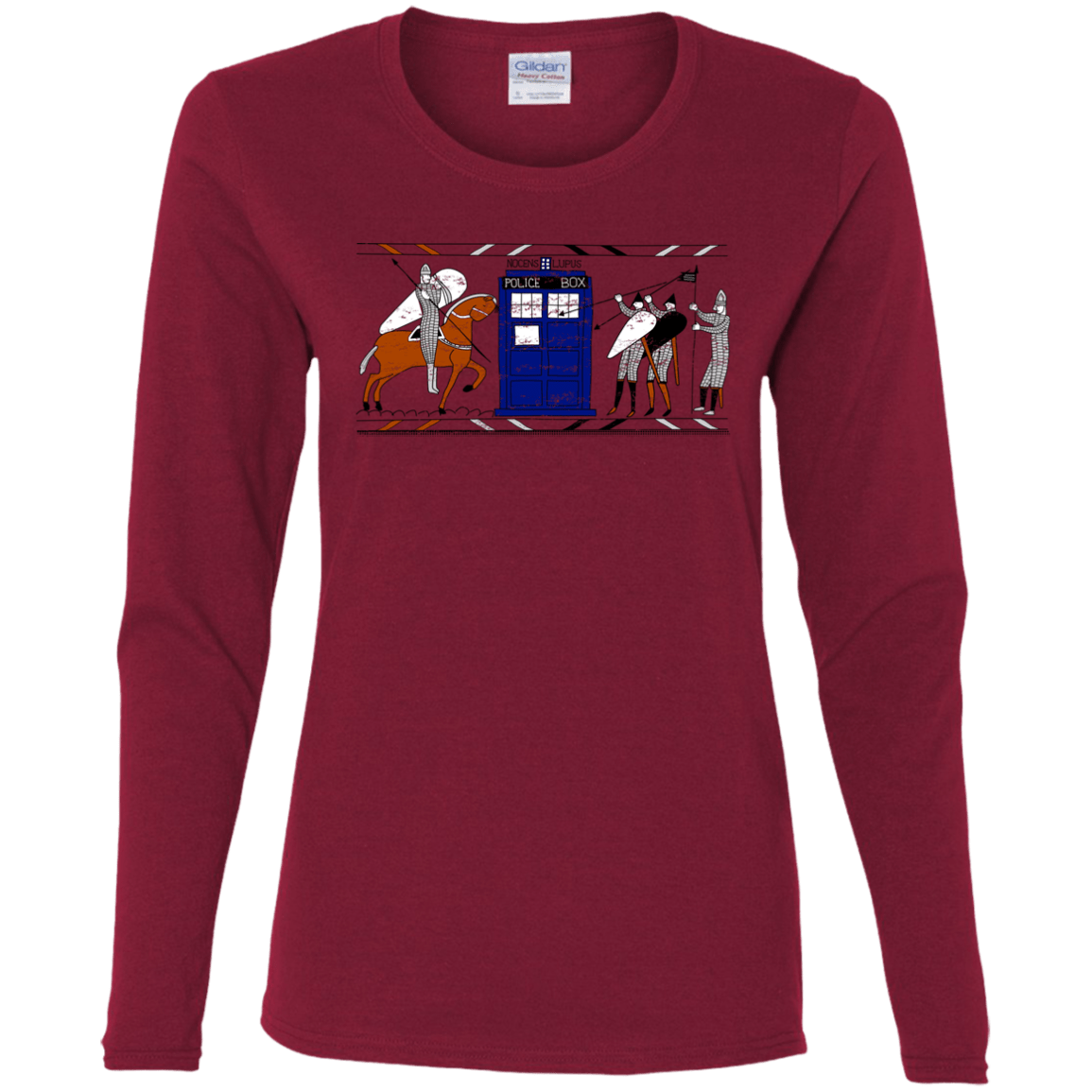 T-Shirts Cardinal / S Nocens Lupus Tardis in the Bayeux Tapestry Women's Long Sleeve T-Shirt