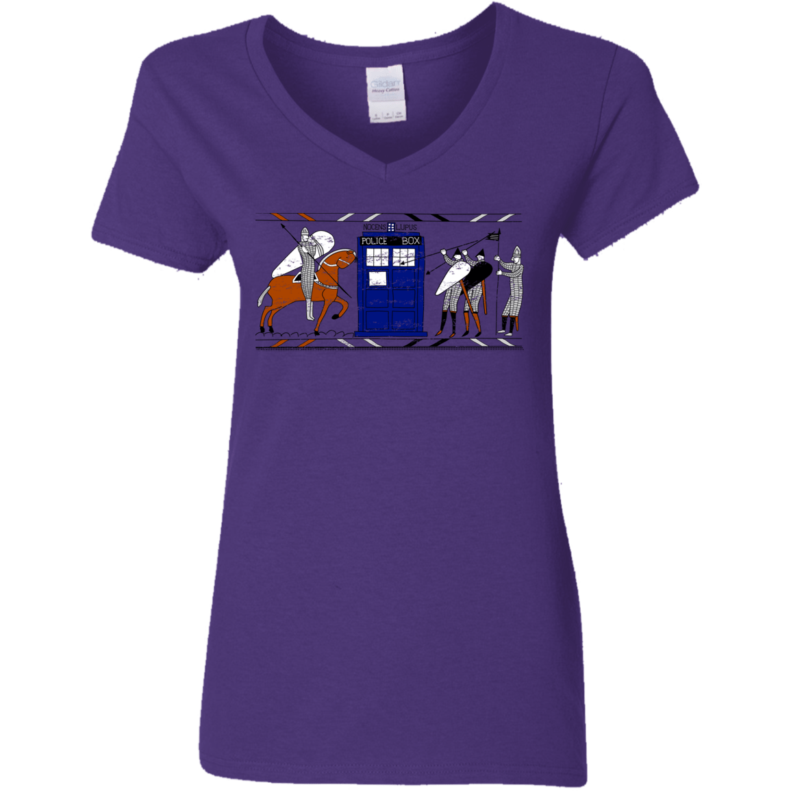 T-Shirts Purple / S Nocens Lupus Tardis in the Bayeux Tapestry Women's V-Neck T-Shirt