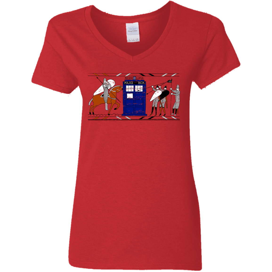 T-Shirts Red / S Nocens Lupus Tardis in the Bayeux Tapestry Women's V-Neck T-Shirt