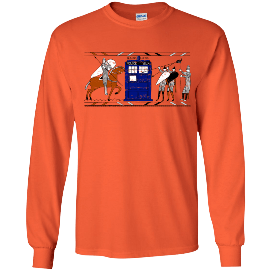 T-Shirts Orange / YS Nocens Lupus Tardis in the Bayeux Tapestry Youth Long Sleeve T-Shirt