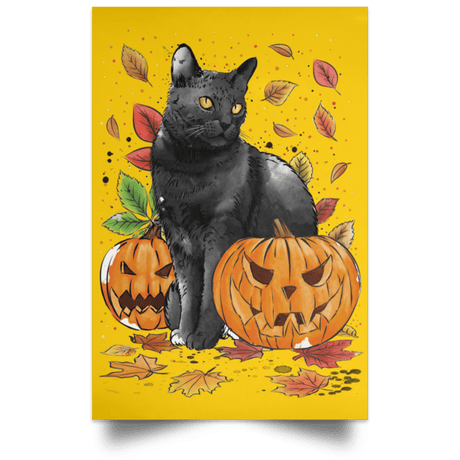 Housewares Athletic Gold / 12" x 18" Cat Leaves and Pumpkins Portrait Poster