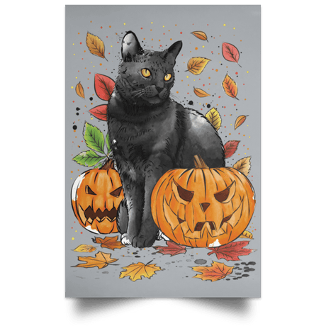 Housewares Grey / 12" x 18" Cat Leaves and Pumpkins Portrait Poster