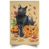 Housewares Tan / 12" x 18" Cat Leaves and Pumpkins Portrait Poster