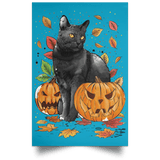 Housewares Turquoise / 12" x 18" Cat Leaves and Pumpkins Portrait Poster