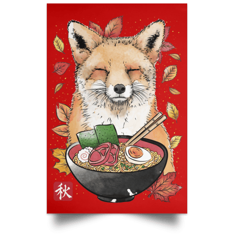 Housewares Red / 12" x 18" Fox, Leaves and Ramen Portrait Poster