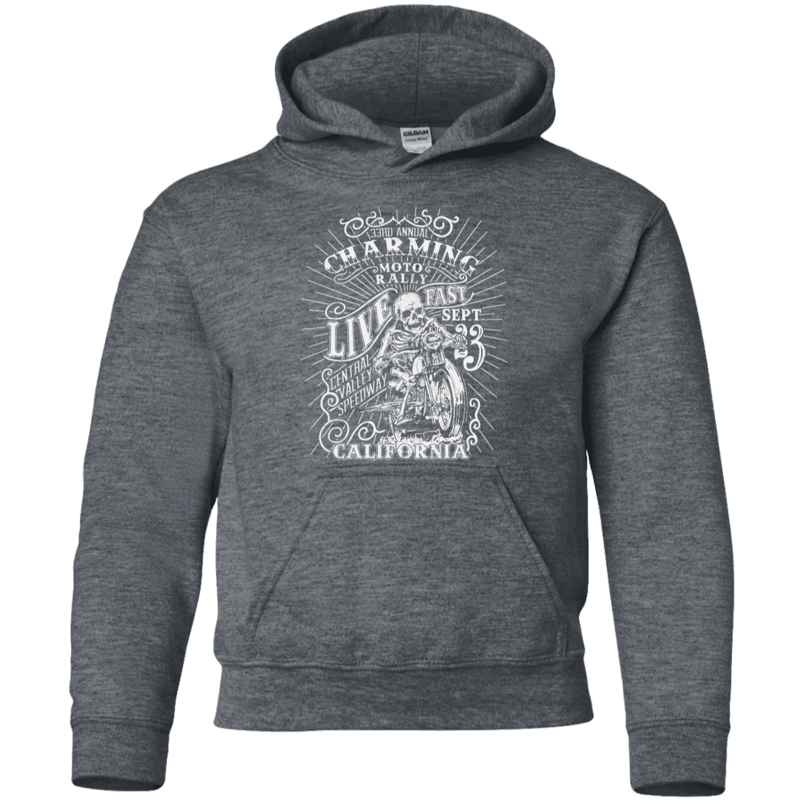 Sweatshirts Dark Heather / YS Charming Moto Rally Youth Hoodie