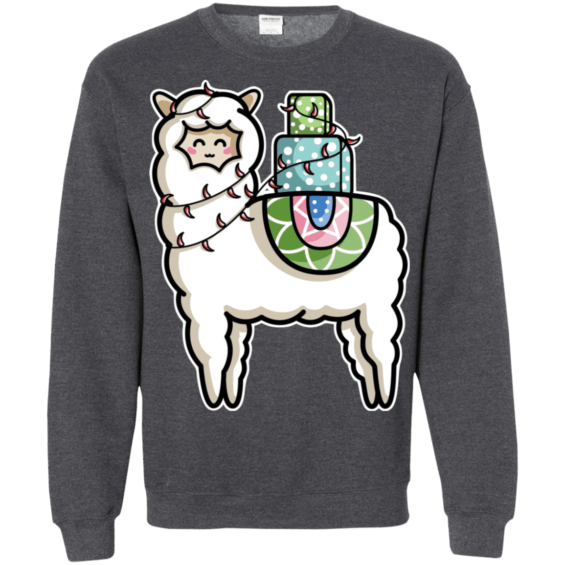 Sweatshirts Dark Heather / S Kawaii Cute Llama Carrying Presents Crewneck Sweatshirt