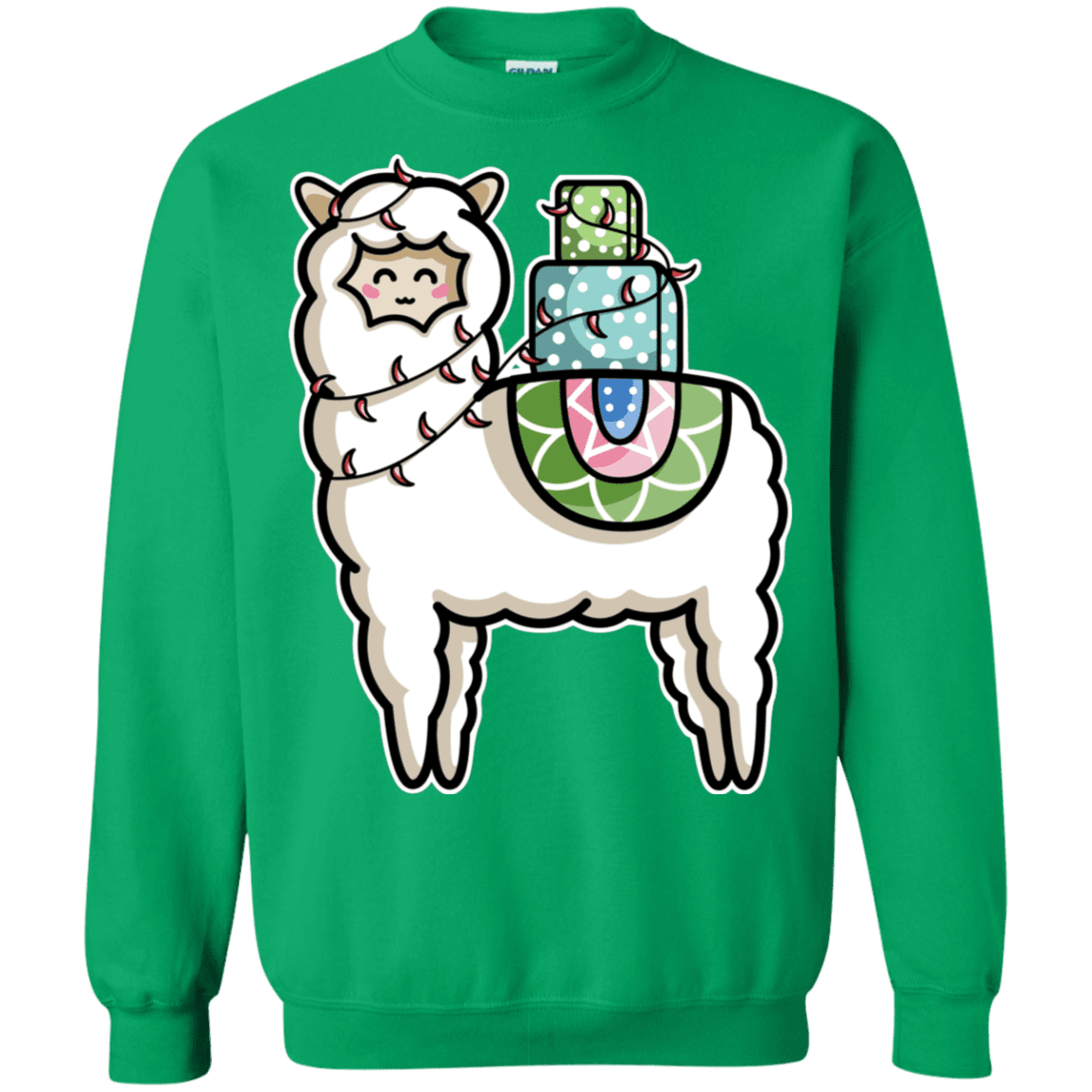 Sweatshirts Irish Green / S Kawaii Cute Llama Carrying Presents Crewneck Sweatshirt