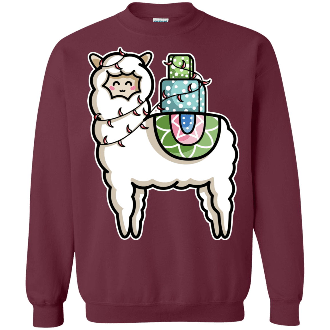 Sweatshirts Maroon / S Kawaii Cute Llama Carrying Presents Crewneck Sweatshirt