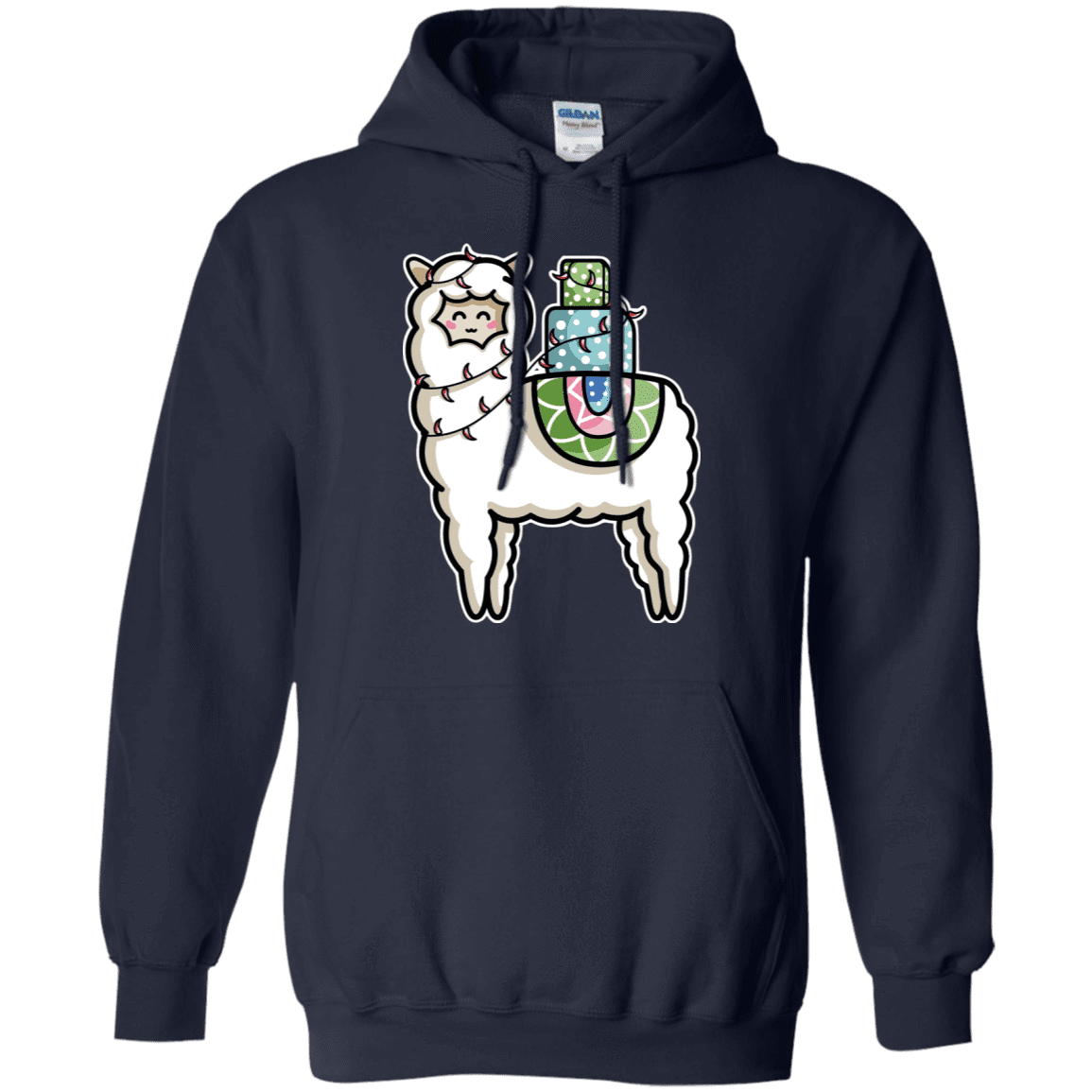 Sweatshirts Navy / S Kawaii Cute Llama Carrying Presents Pullover Hoodie