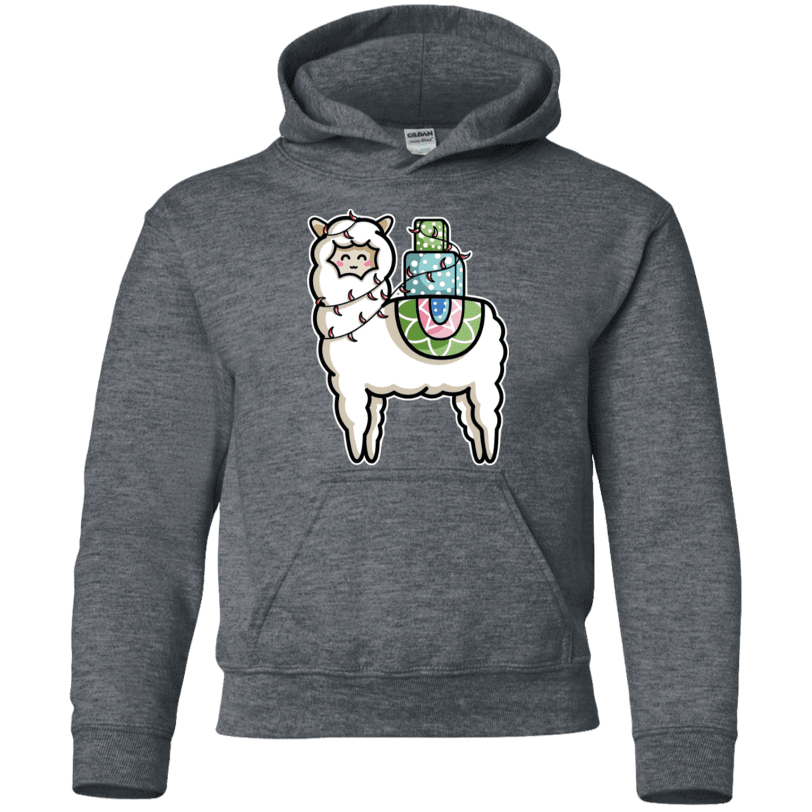 Sweatshirts Dark Heather / YS Kawaii Cute Llama Carrying Presents Youth Hoodie