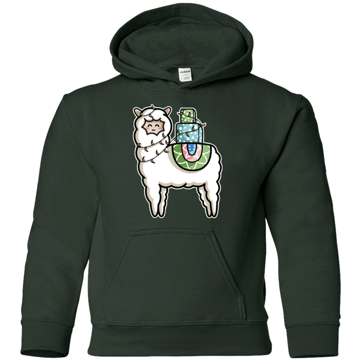 Sweatshirts Forest Green / YS Kawaii Cute Llama Carrying Presents Youth Hoodie