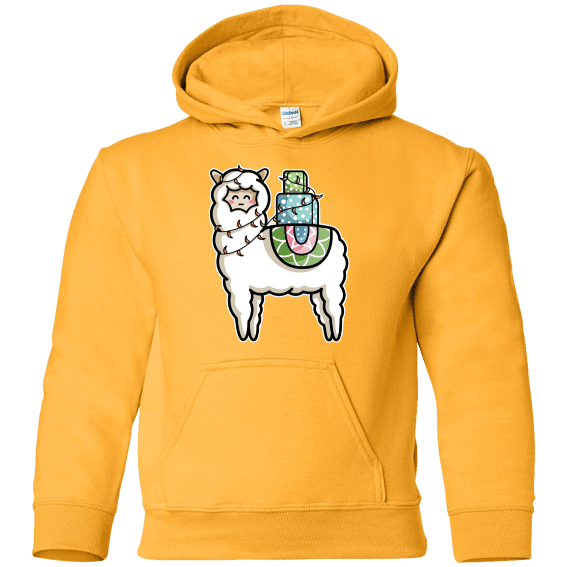 Sweatshirts Gold / YS Kawaii Cute Llama Carrying Presents Youth Hoodie