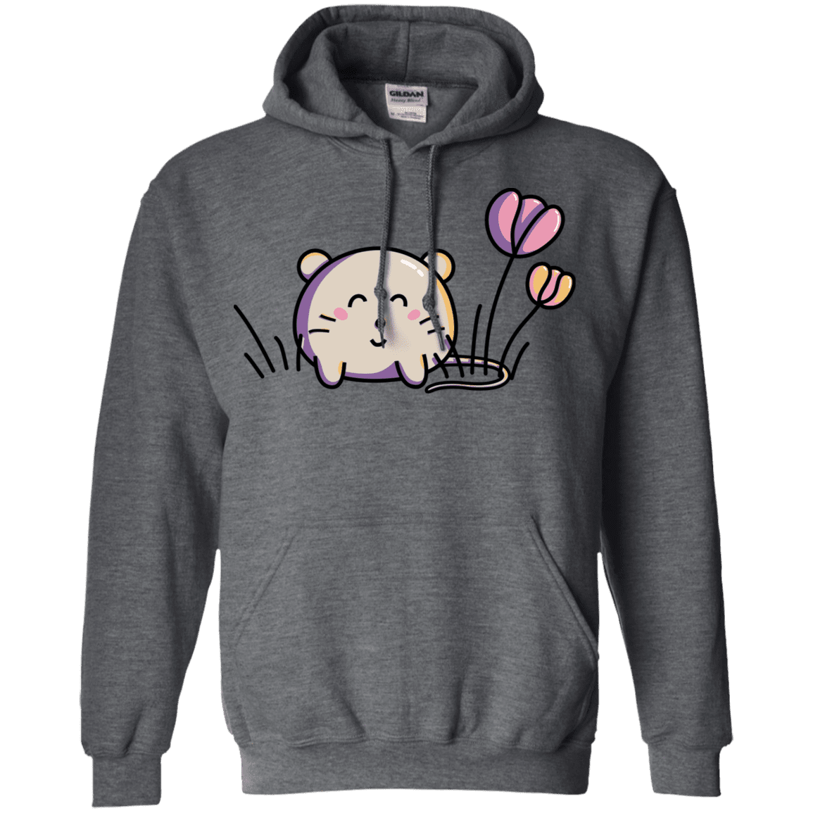 Sweatshirts Dark Heather / S Kawaii Mouse and Tulips Pullover Hoodie