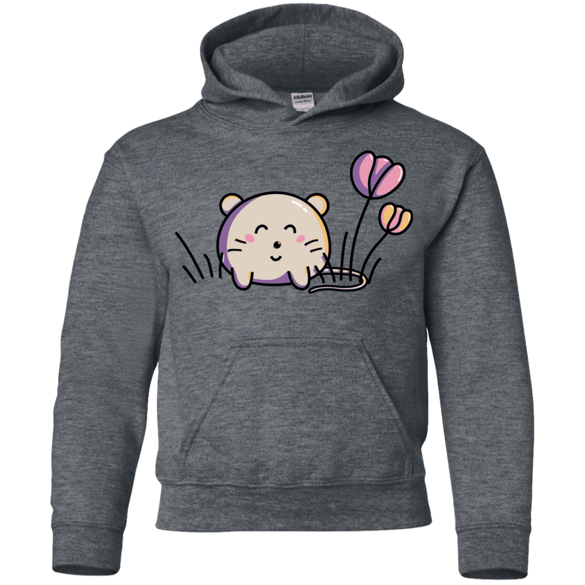 Sweatshirts Dark Heather / YS Kawaii Mouse and Tulips Youth Hoodie