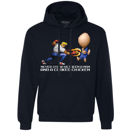 Sweatshirts Navy / Small Never Stand Between A Man And A Cooked Chicken Premium Fleece Hoodie