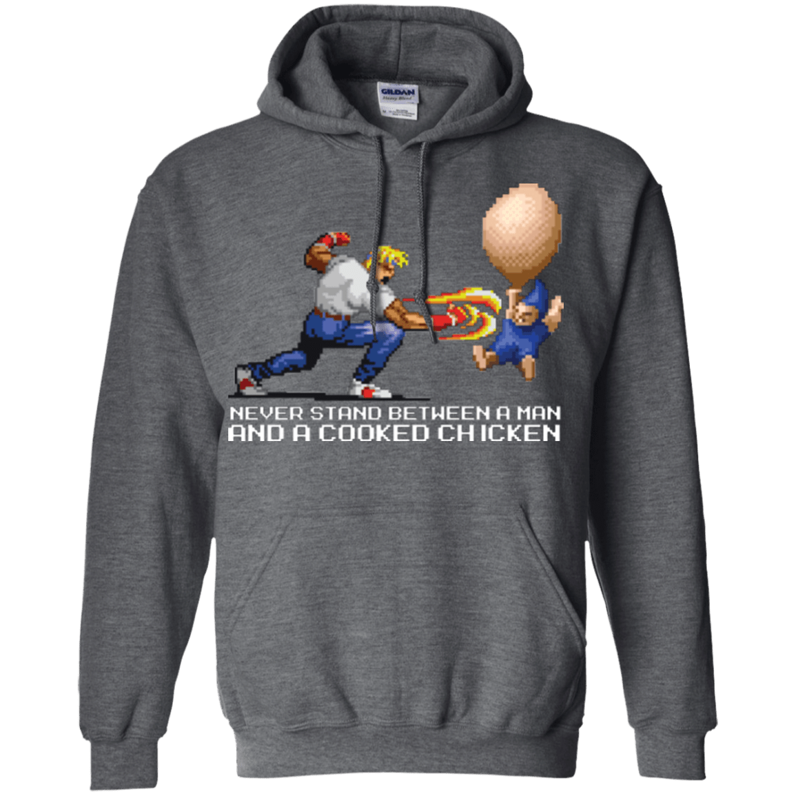 Sweatshirts Dark Heather / Small Never Stand Between A Man And A Cooked Chicken Pullover Hoodie
