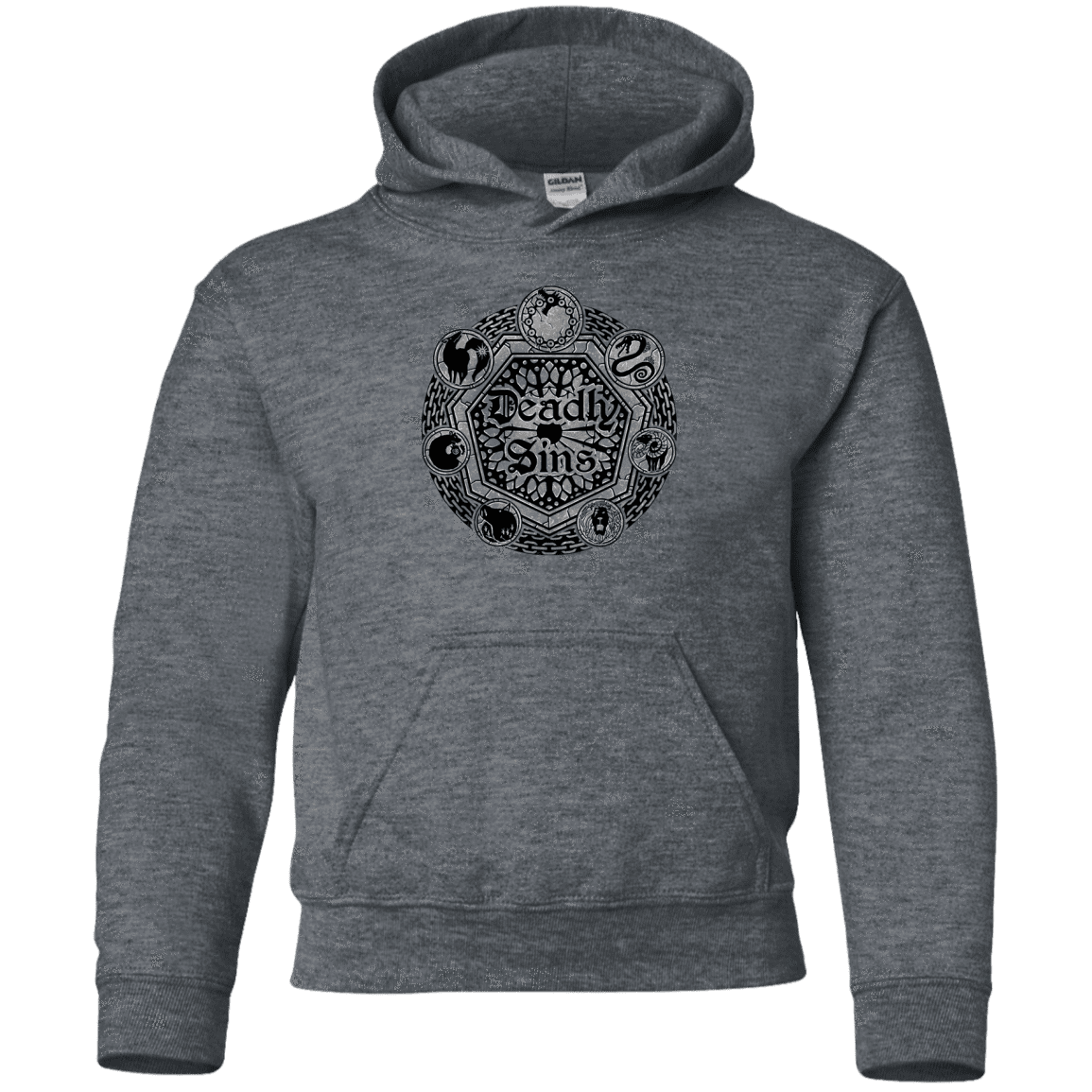 Sweatshirts Dark Heather / YS Sins Shield Youth Hoodie
