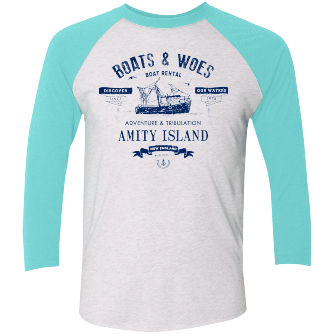 T-Shirts Heather White/Tahiti Blue / X-Small BOATS & WOES Men's Triblend 3/4 Sleeve