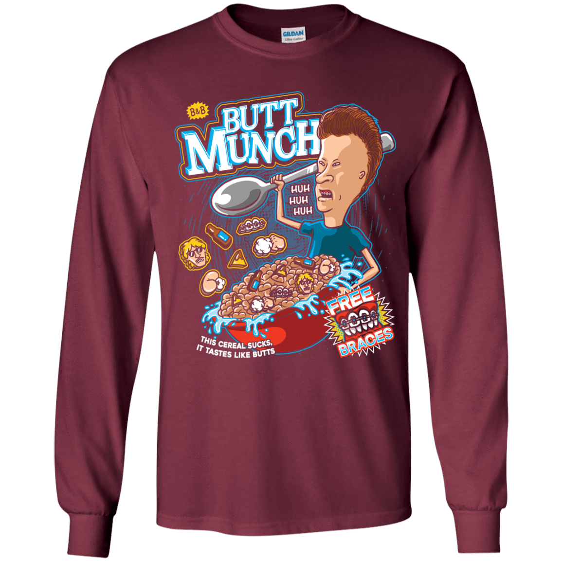 T-Shirts Maroon / YS Buttmunch Cereal Youth Long Sleeve T-Shirt