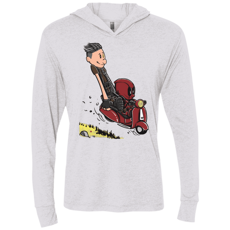 T-Shirts Heather White / X-Small Calvin & Deadpool Triblend Long Sleeve Hoodie Tee