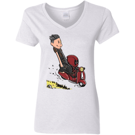 T-Shirts White / S Calvin & Deadpool Women's V-Neck T-Shirt