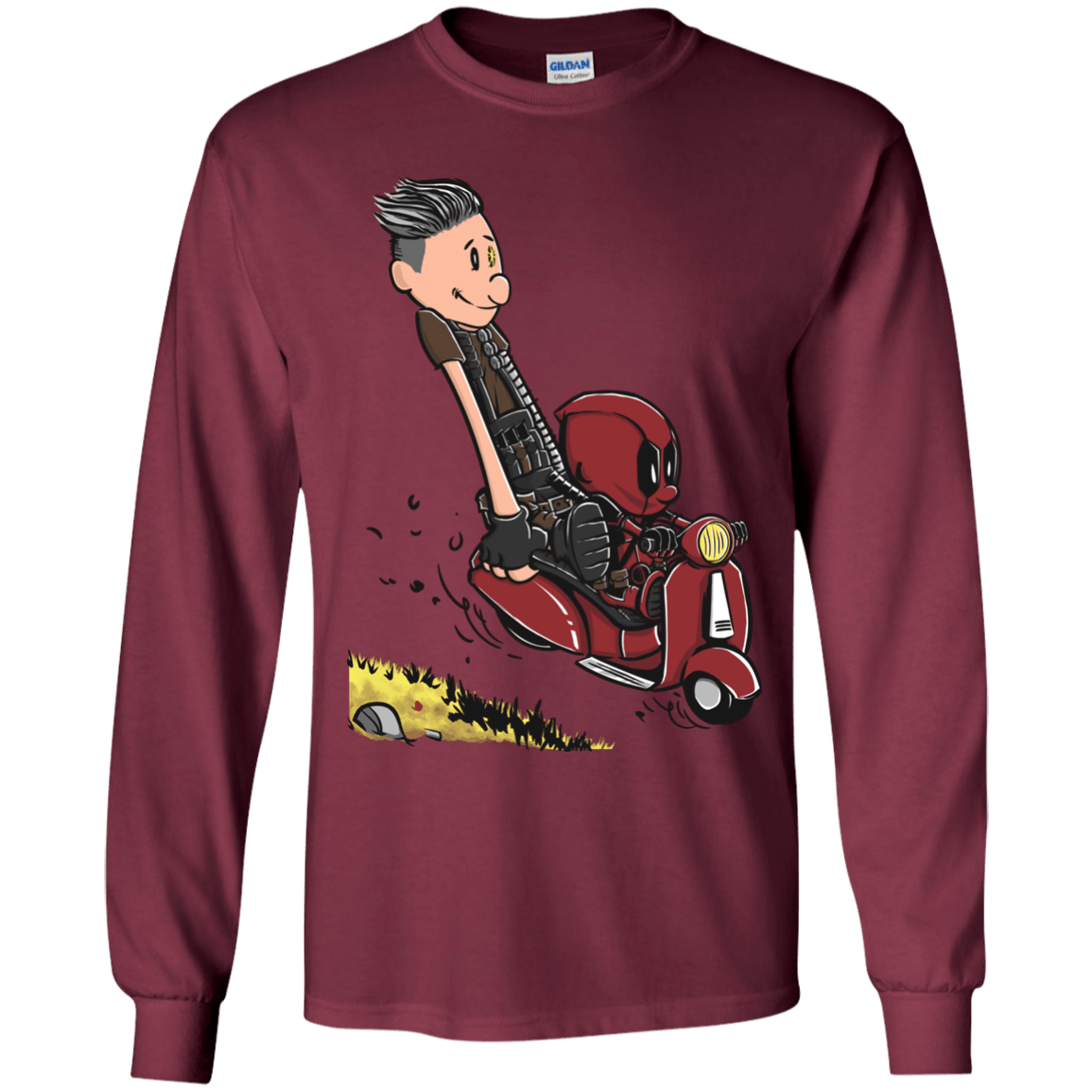 T-Shirts Maroon / YS Calvin & Deadpool Youth Long Sleeve T-Shirt