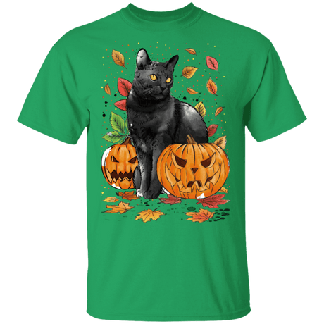 T-Shirts Irish Green / S Cat Leaves and Pumpkins T-Shirt
