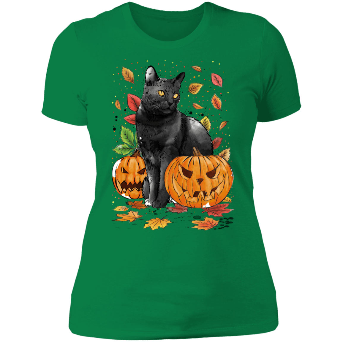 T-Shirts Kelly Green / S Cat Leaves and Pumpkins Women's Premium T-Shirt