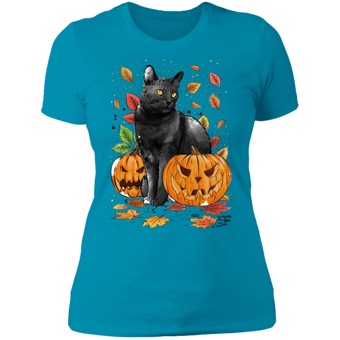 T-Shirts Turquoise / S Cat Leaves and Pumpkins Women's Premium T-Shirt