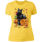 T-Shirts Vibrant Yellow / S Cat Leaves and Pumpkins Women's Premium T-Shirt