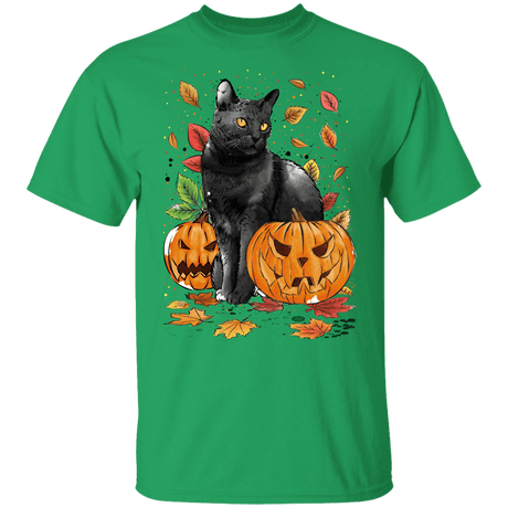 T-Shirts Irish Green / YXS Cat Leaves and Pumpkins Youth T-Shirt