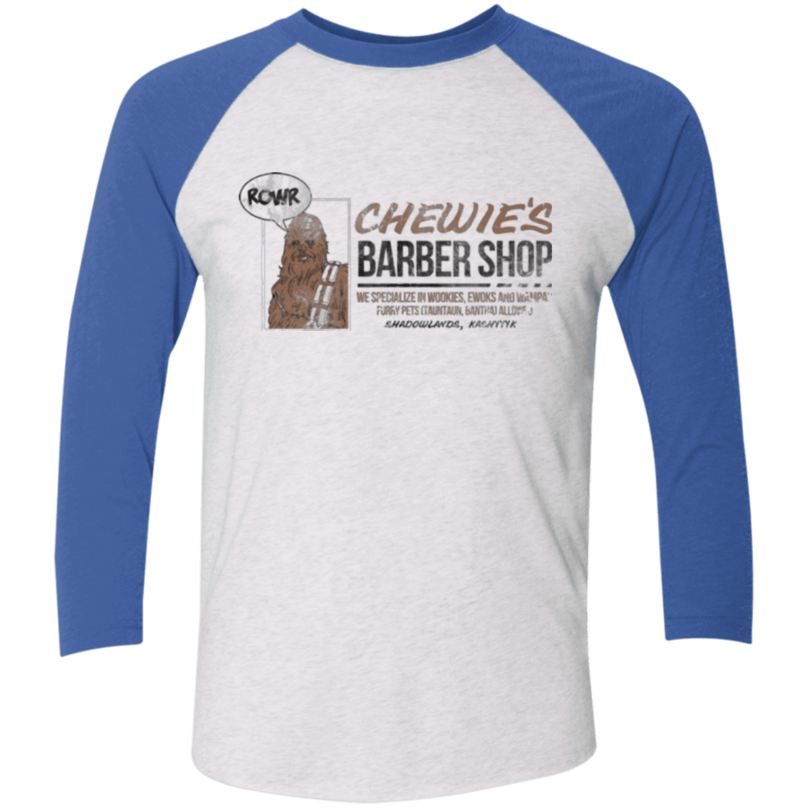 T-Shirts Heather White/Vintage Royal / X-Small Chewie's Barber Shop Men's Triblend 3/4 Sleeve