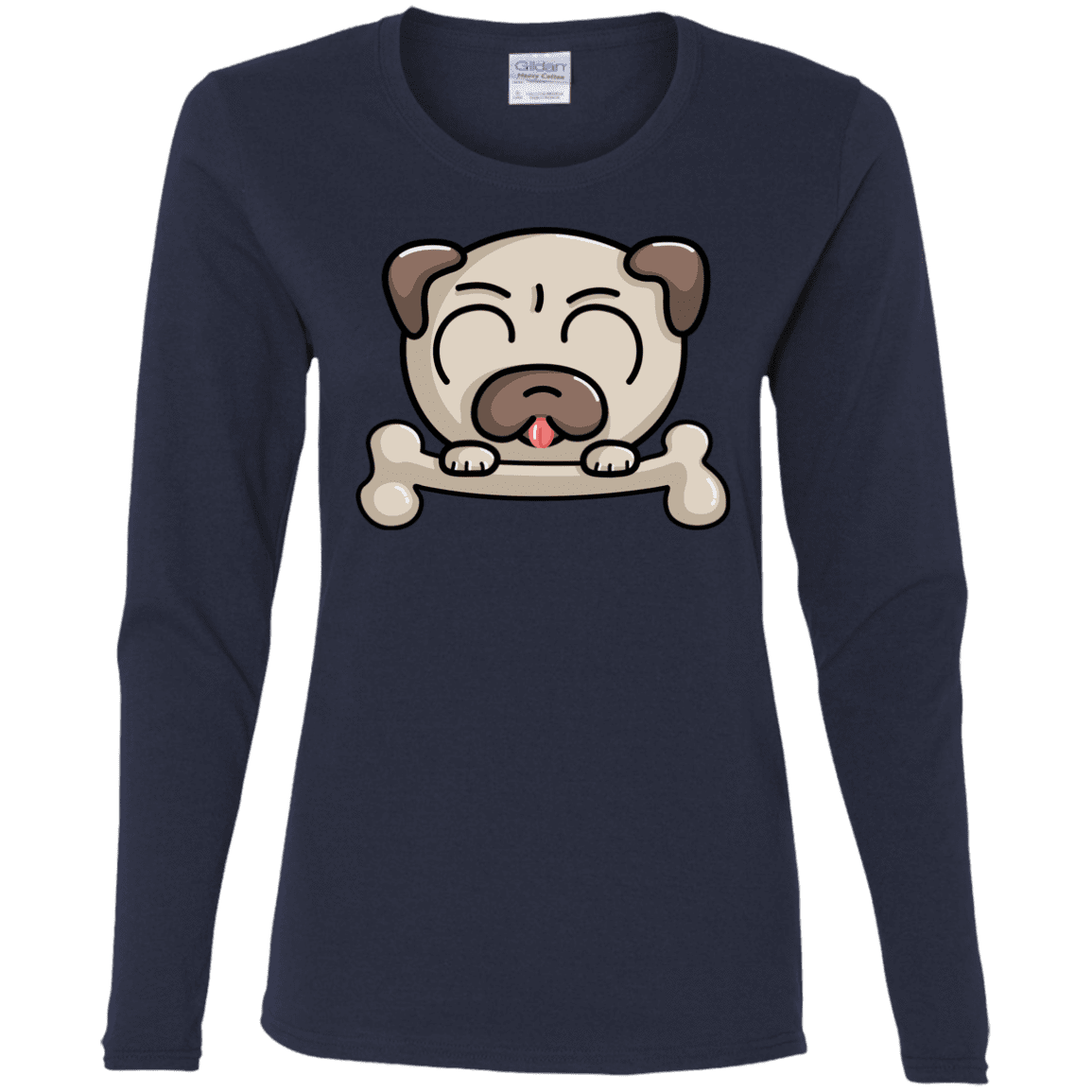 T-Shirts Navy / S Cute Pug and Bone Women's Long Sleeve T-Shirt