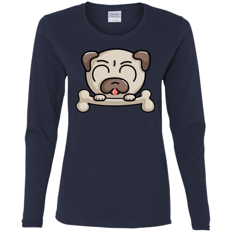 T-Shirts Navy / S Cute Pug and Bone Women's Long Sleeve T-Shirt