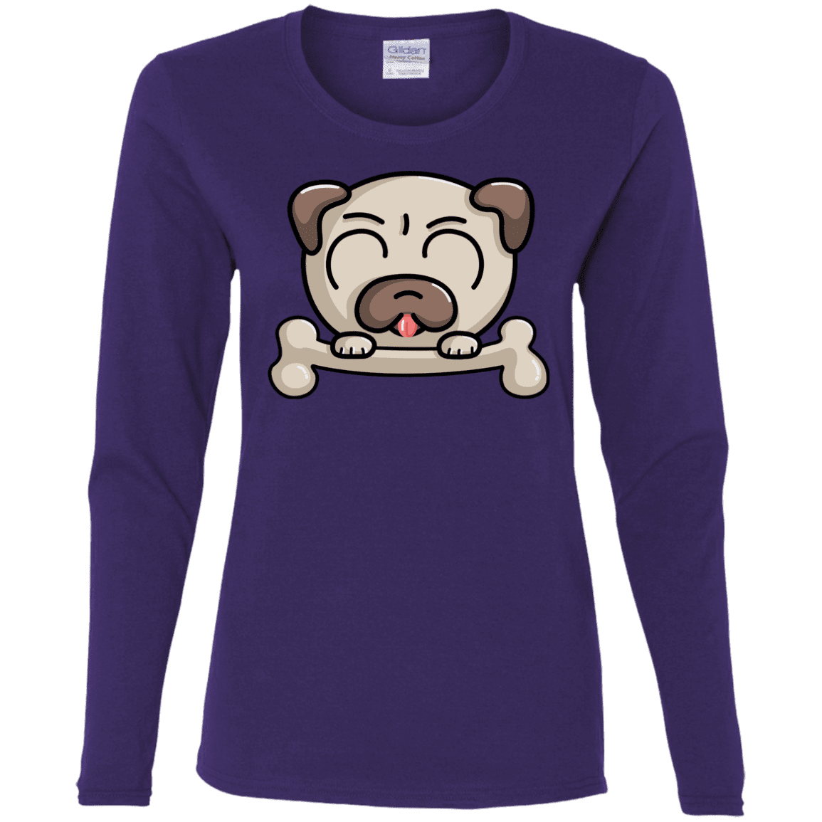 T-Shirts Purple / S Cute Pug and Bone Women's Long Sleeve T-Shirt