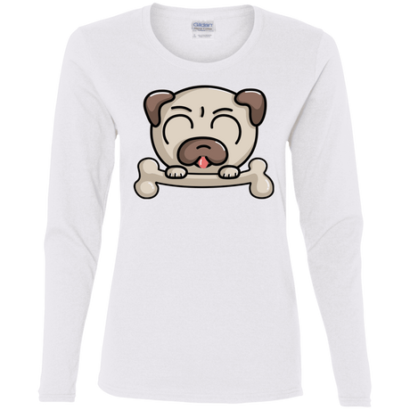 T-Shirts White / S Cute Pug and Bone Women's Long Sleeve T-Shirt