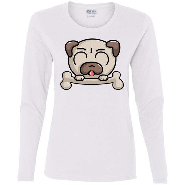 T-Shirts White / S Cute Pug and Bone Women's Long Sleeve T-Shirt